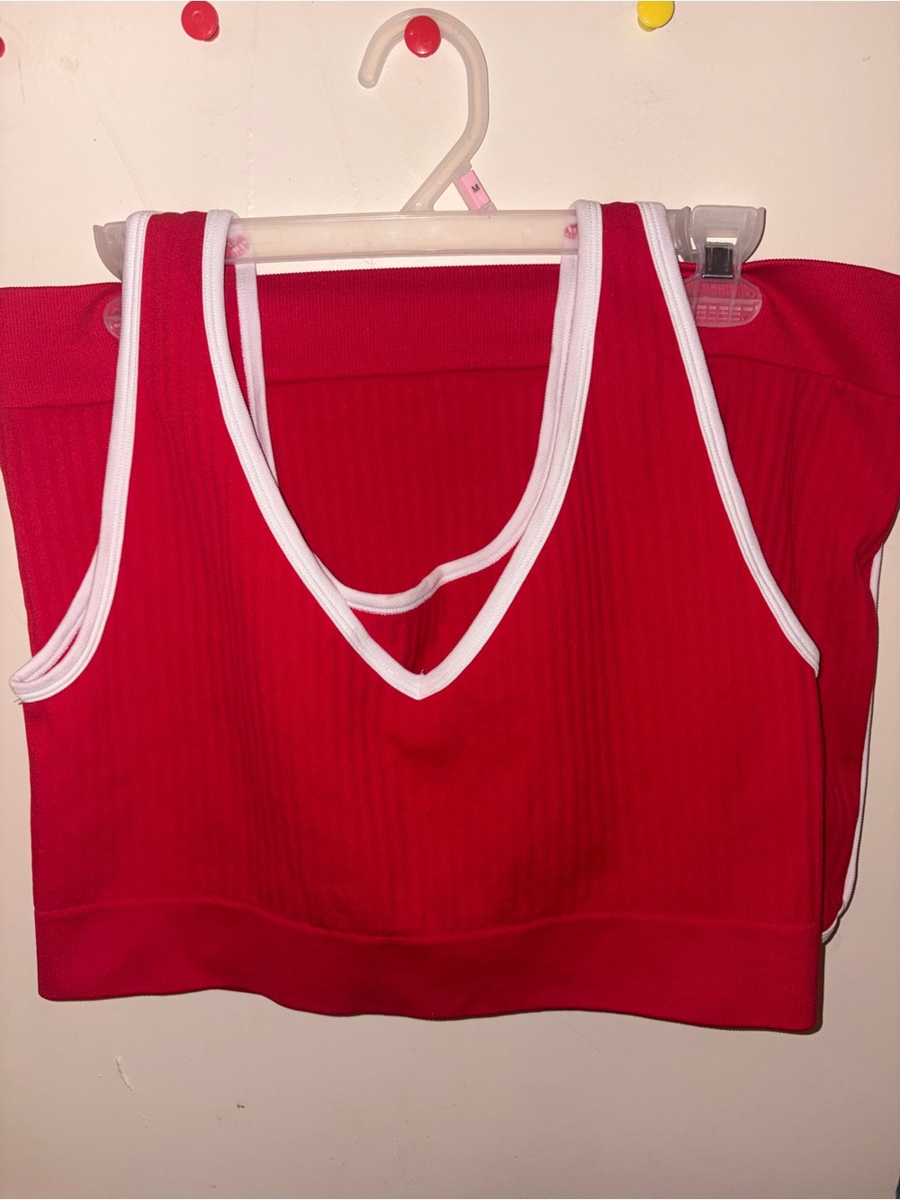 Red Ribbed V-Neck Crop Tank with White Trim With Shorts- 2 piece set